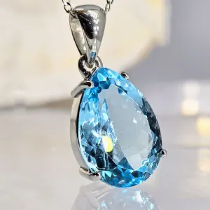 "Blue Ocean Drop" Pendant Necklace - Topaz, Anti-tarnish Sterling