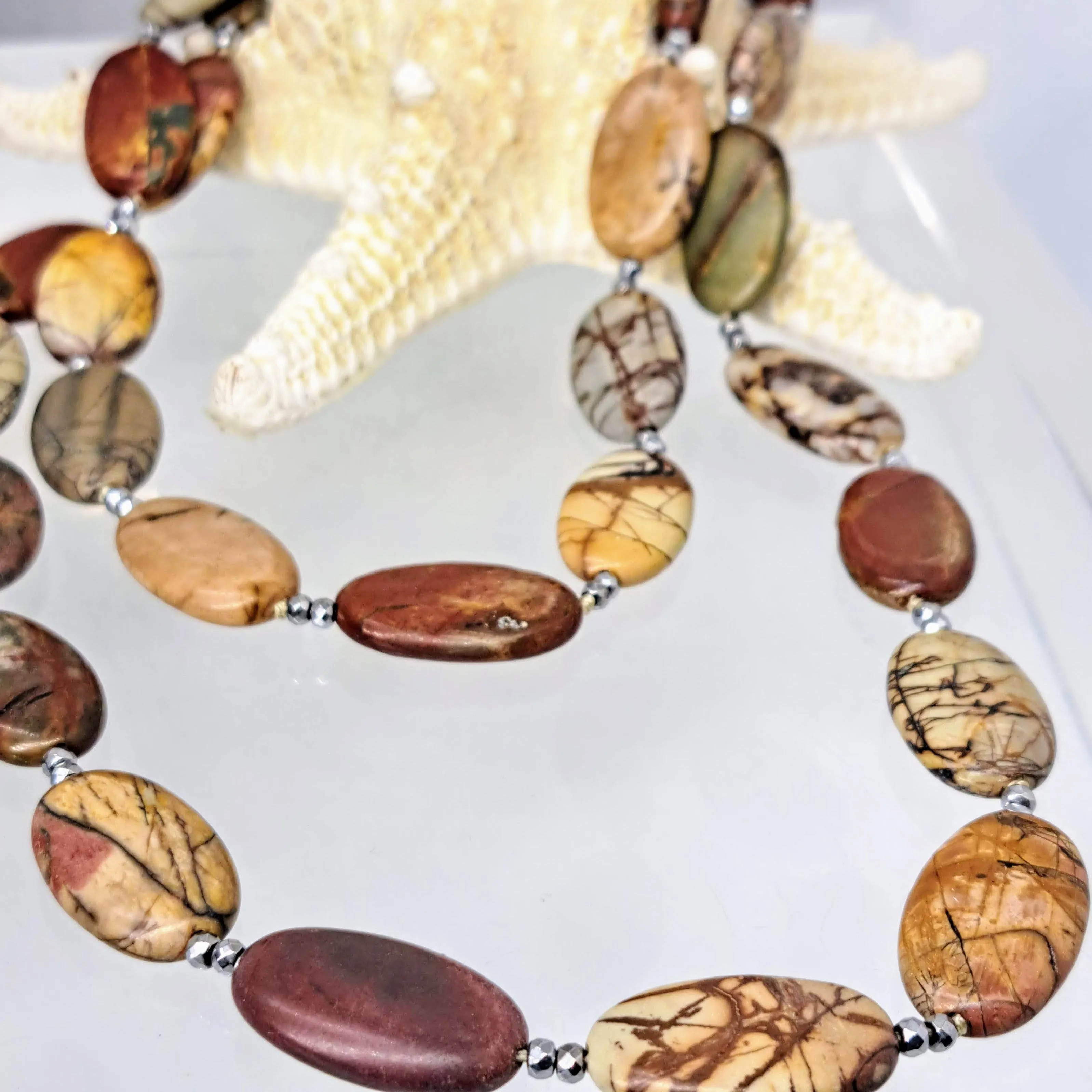 "Red Rocks" 34" Necklace - Jasper, Hematite, Sterling