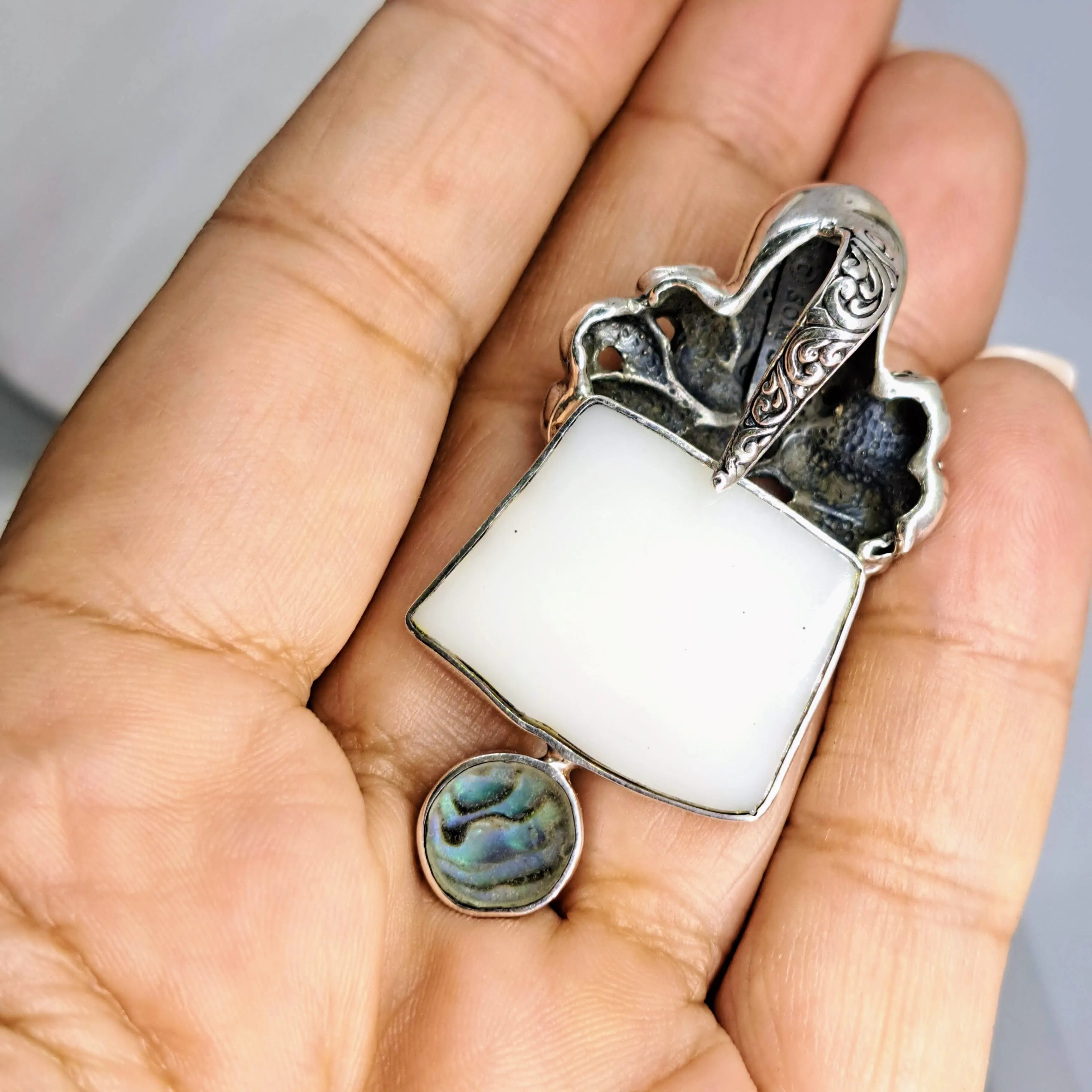 "Smooth Operator" Pendant Necklace - Paua Shell, Mother Of Pearl, Onyx, Sterling, Pearls