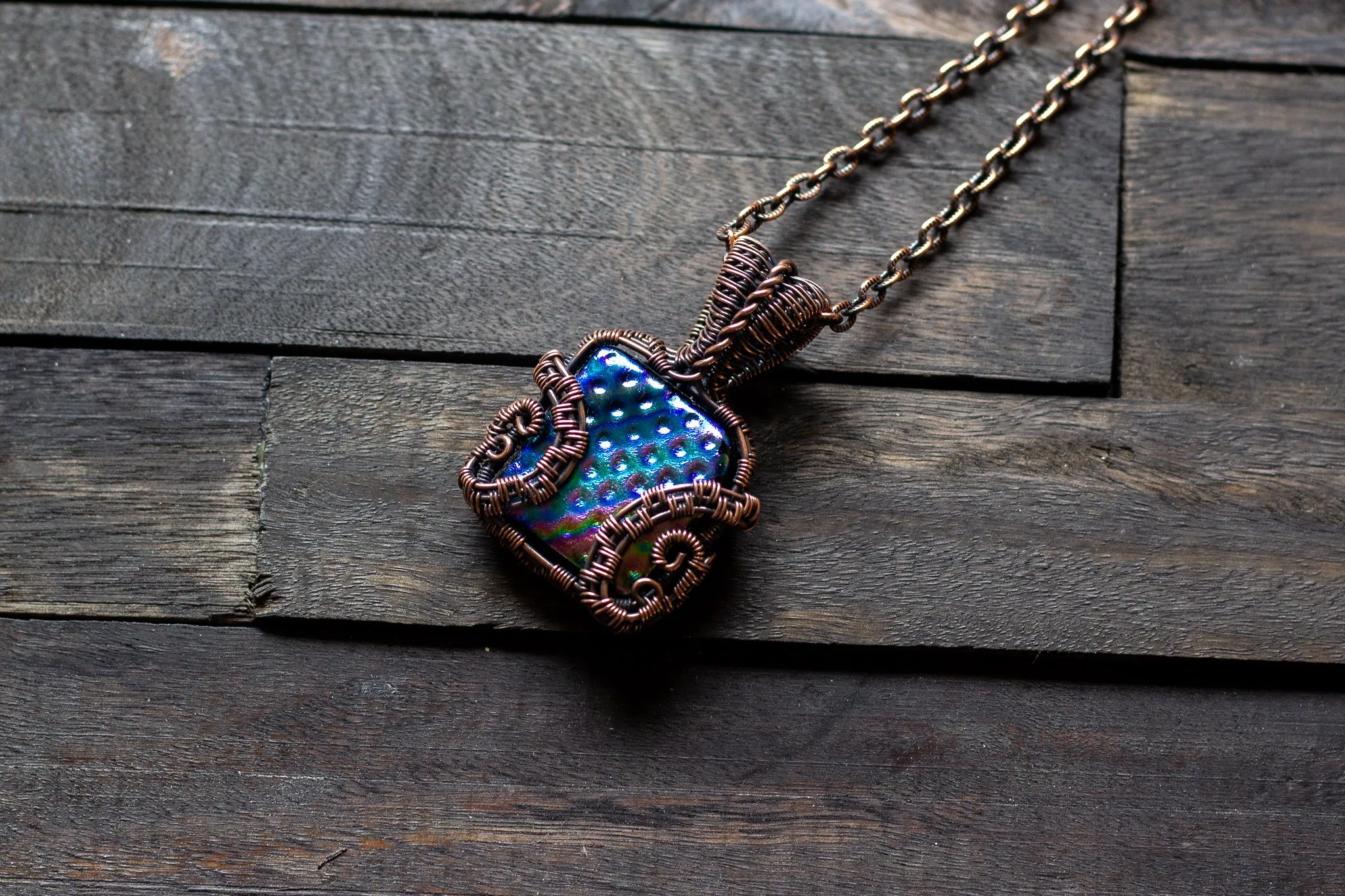 Rainbow Dichroic Fused Glass Pendant with Copper Wire Wrapping