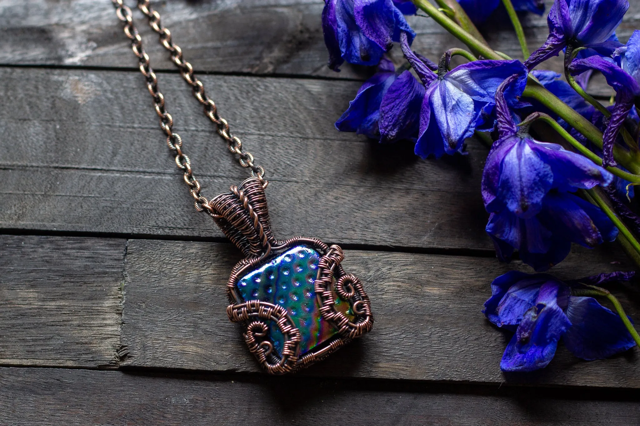 Rainbow Dichroic Fused Glass Pendant with Copper Wire Wrapping