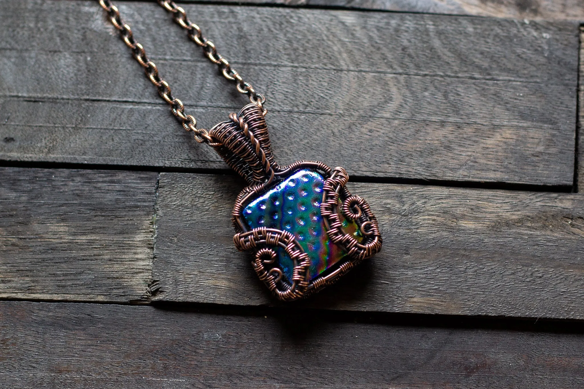 Rainbow Dichroic Fused Glass Pendant with Copper Wire Wrapping