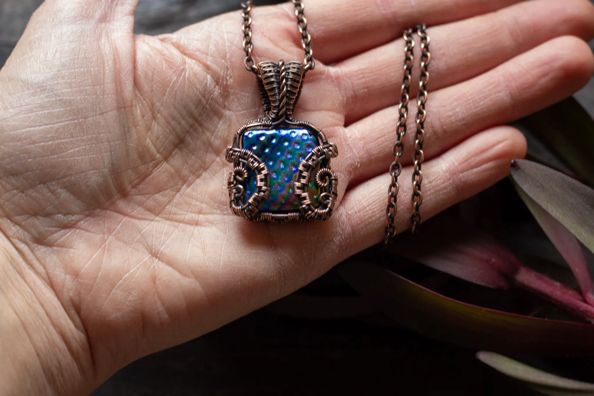 Rainbow Dichroic Fused Glass Pendant with Copper Wire Wrapping