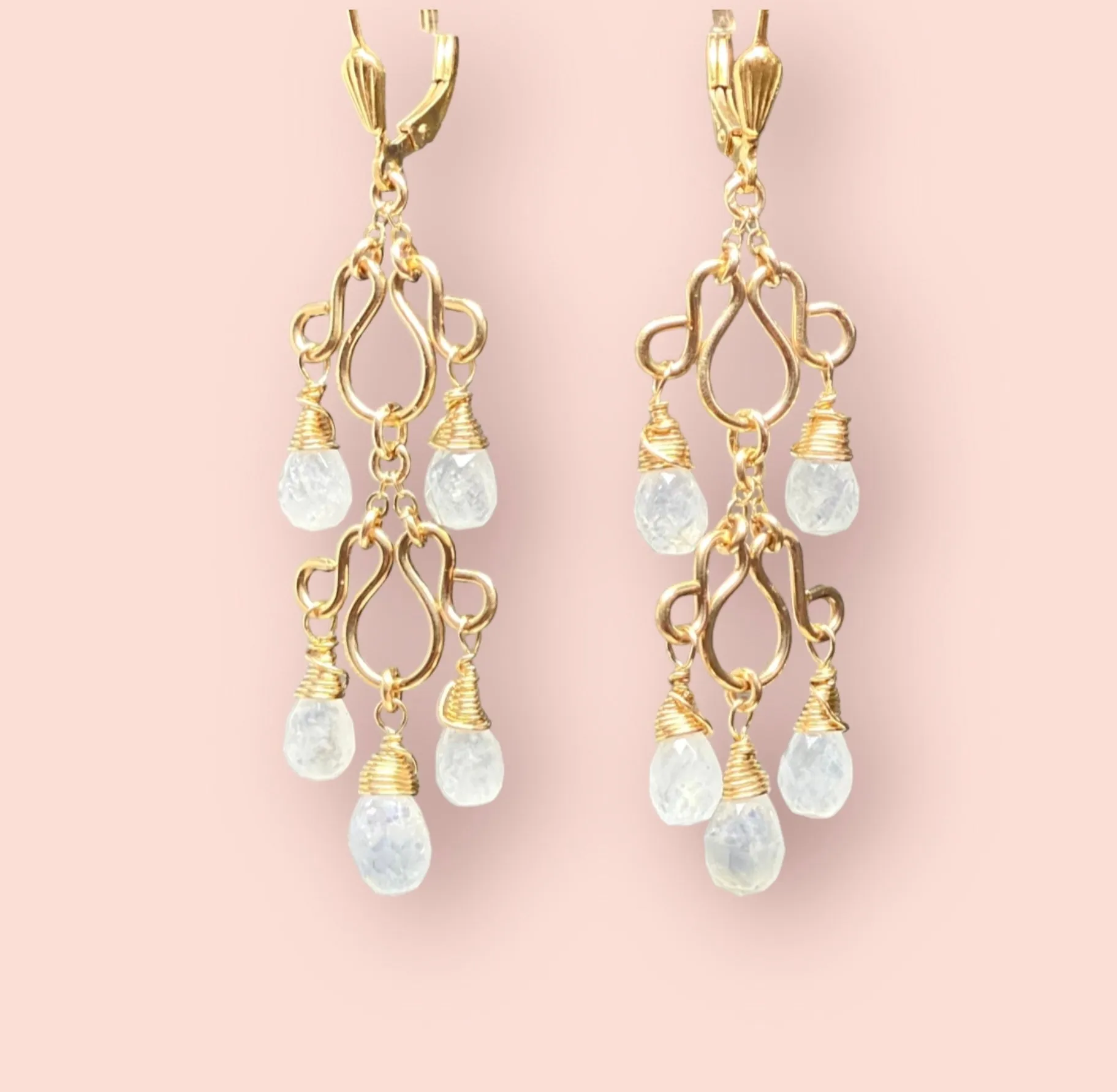 Rainbow Moonstone Gemstone Chandelier Earrings Gold Fill