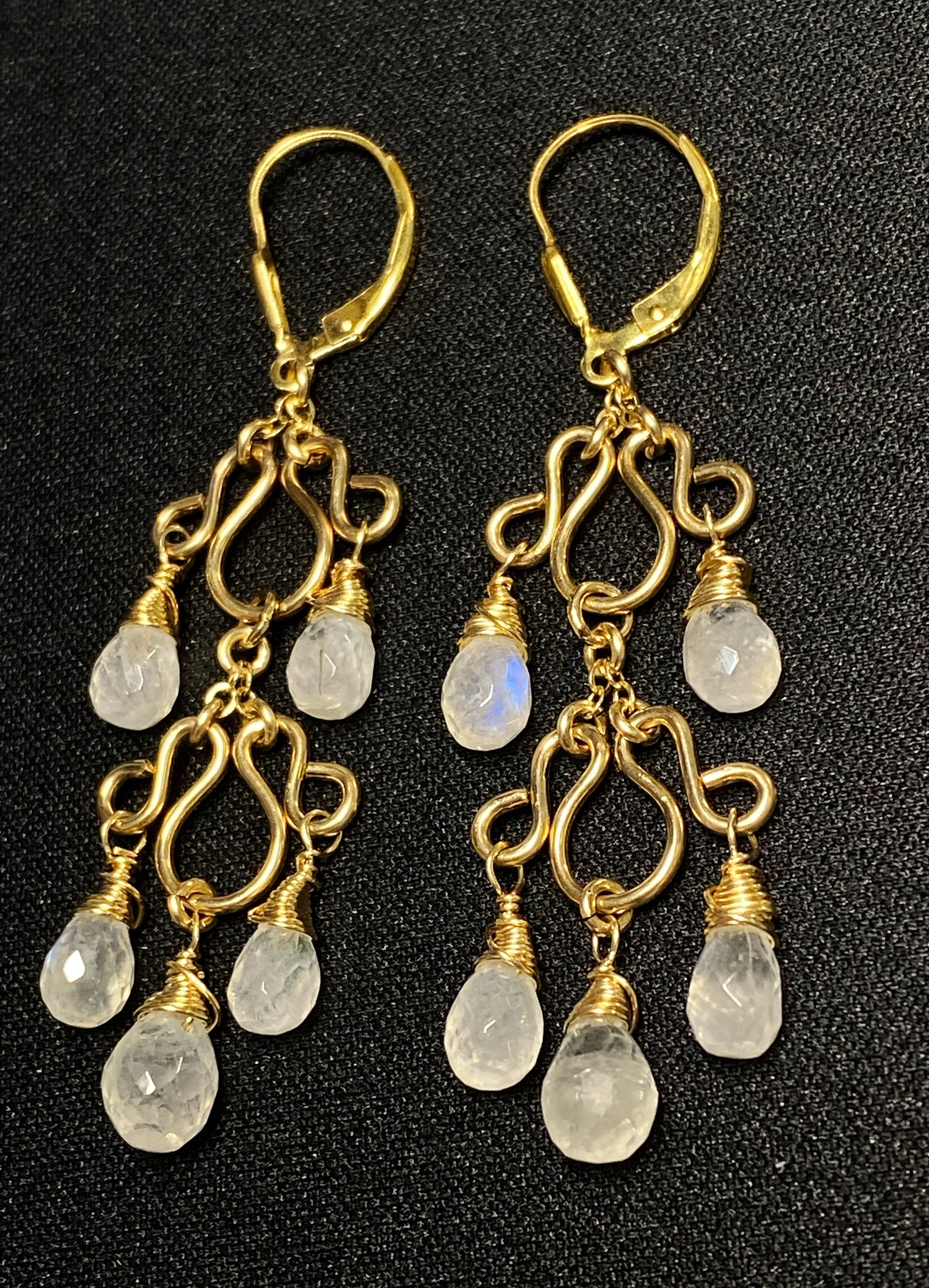 Rainbow Moonstone Gemstone Chandelier Earrings Gold Fill