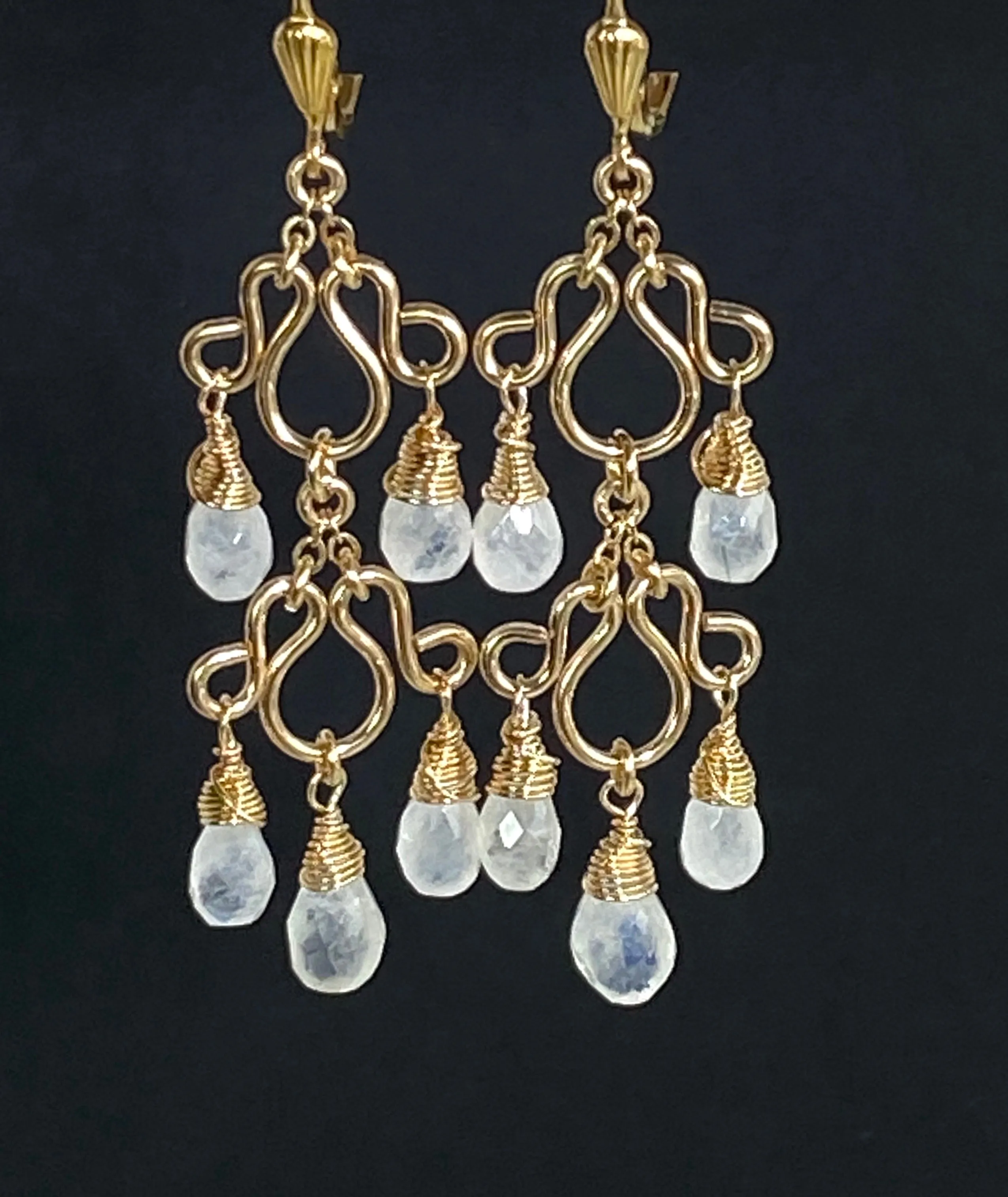 Rainbow Moonstone Gemstone Chandelier Earrings Gold Fill