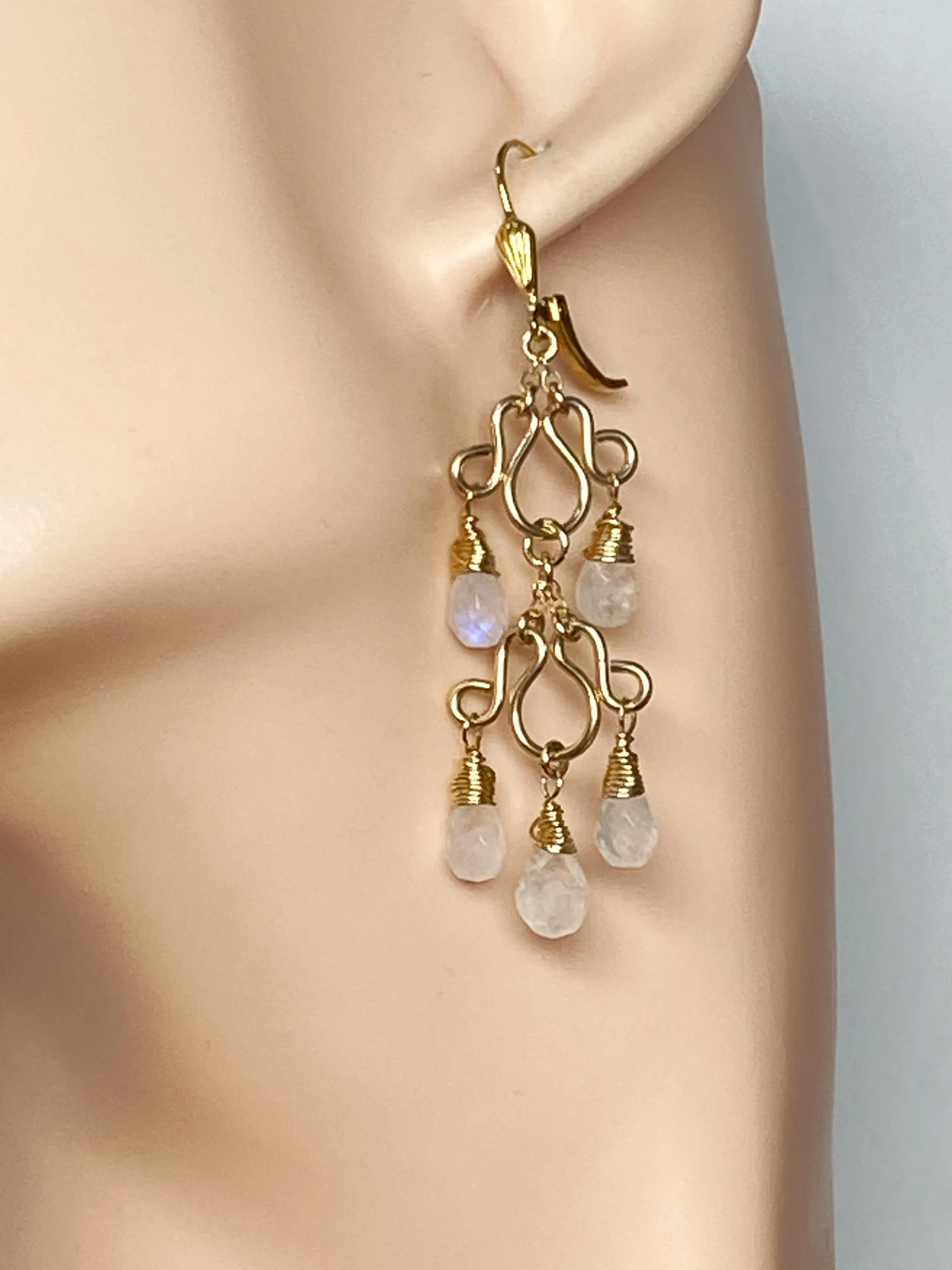 Rainbow Moonstone Gemstone Chandelier Earrings Gold Fill