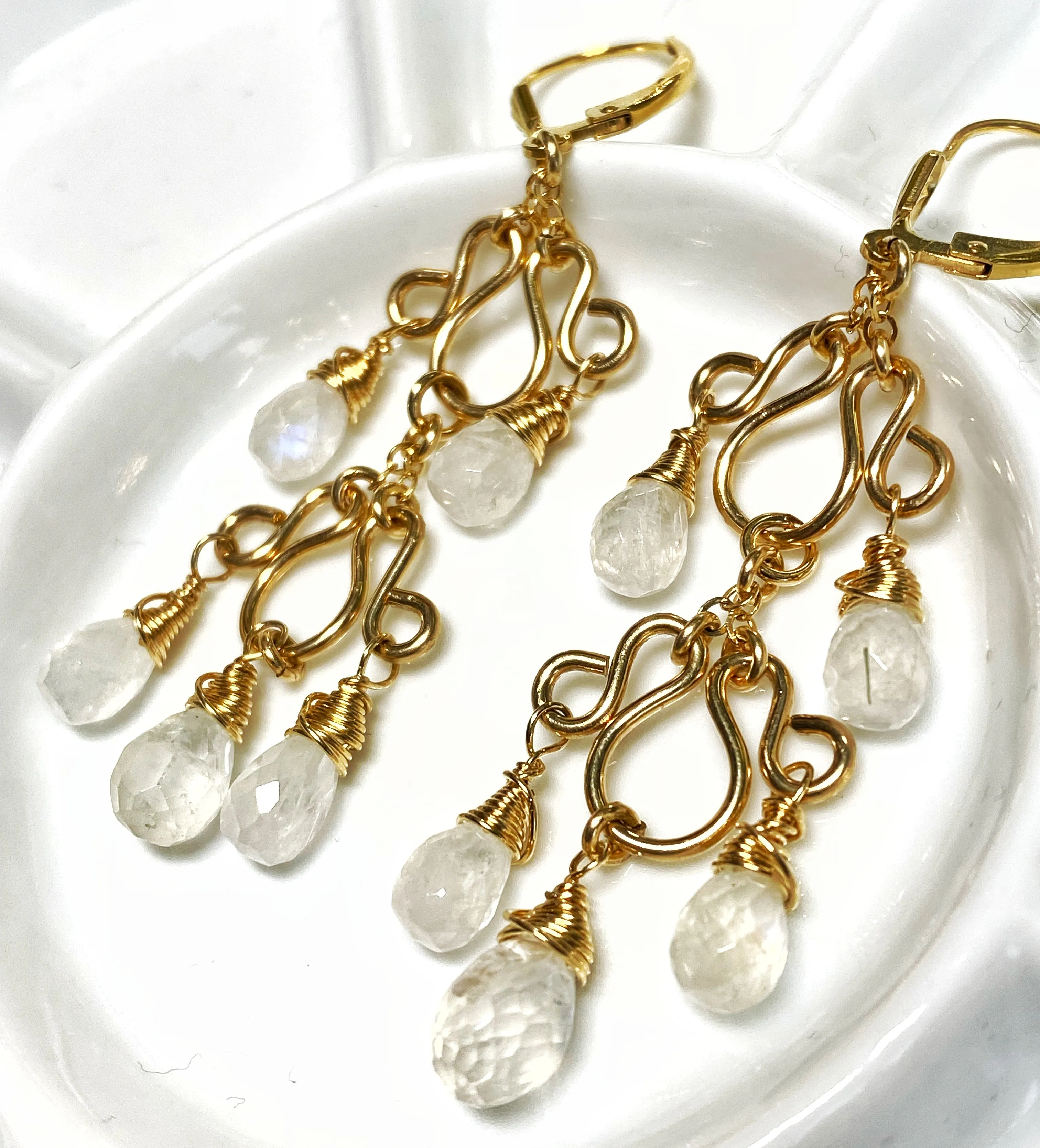 Rainbow Moonstone Gemstone Chandelier Earrings Gold Fill