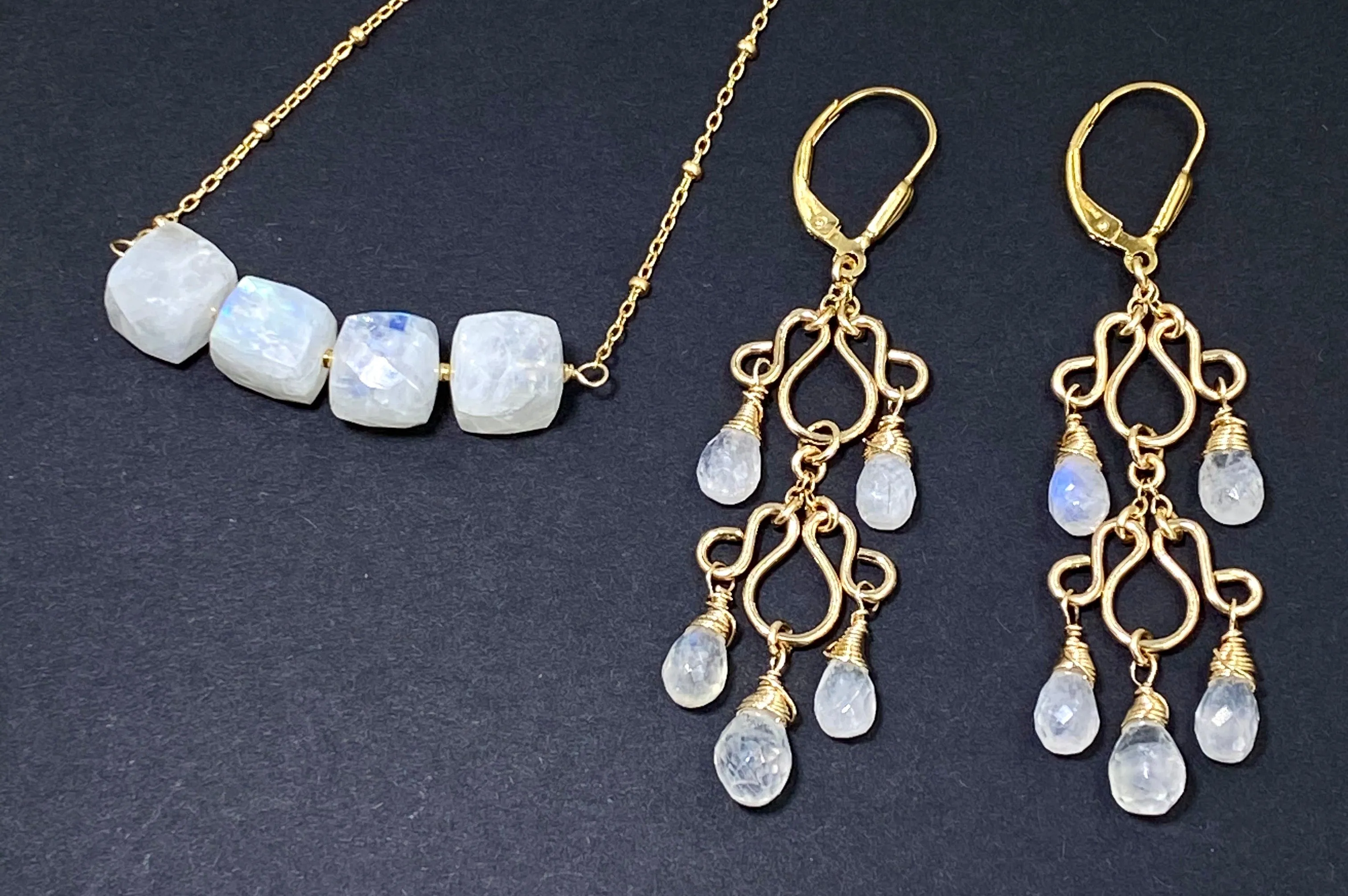 Rainbow Moonstone Gemstone Chandelier Earrings Gold Fill