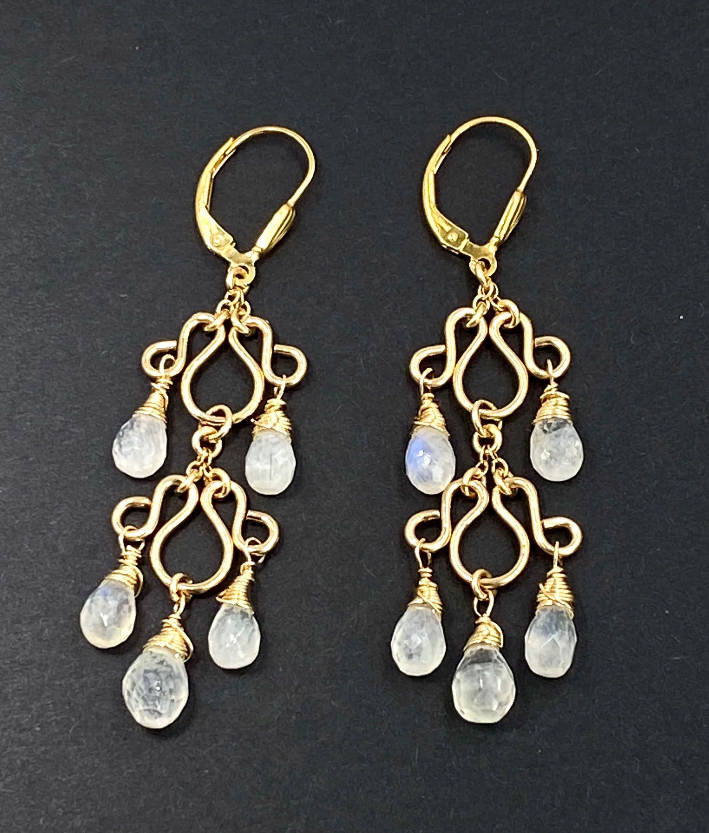 Rainbow Moonstone Gemstone Chandelier Earrings Gold Fill