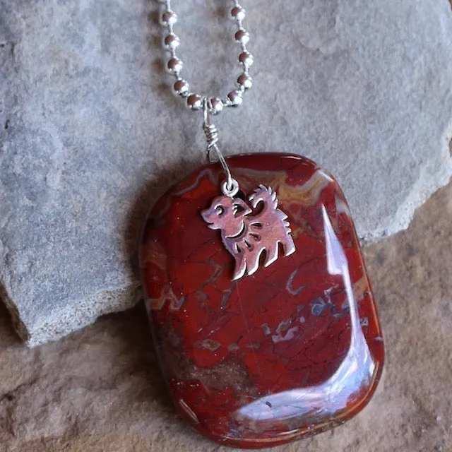 Red agate stone pendant necklace with sterling puppy charm