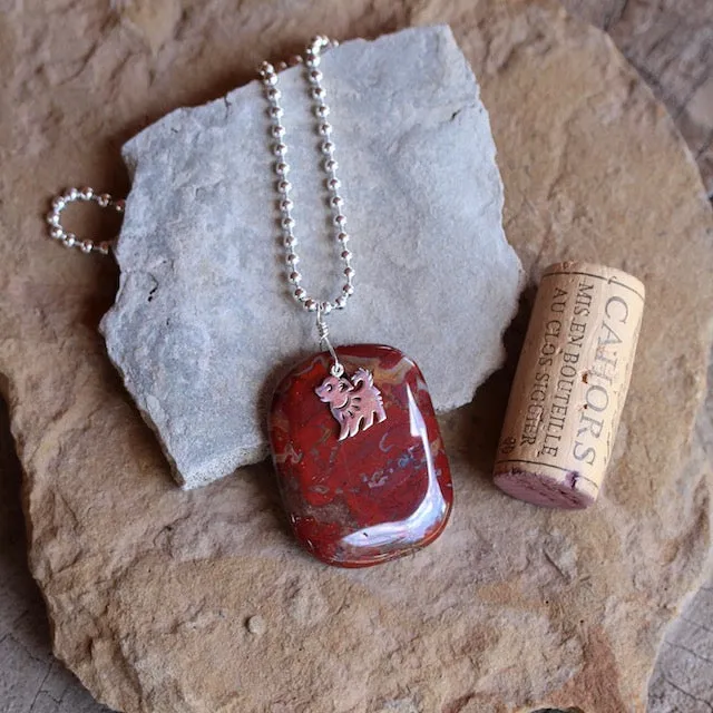 Red agate stone pendant necklace with sterling puppy charm