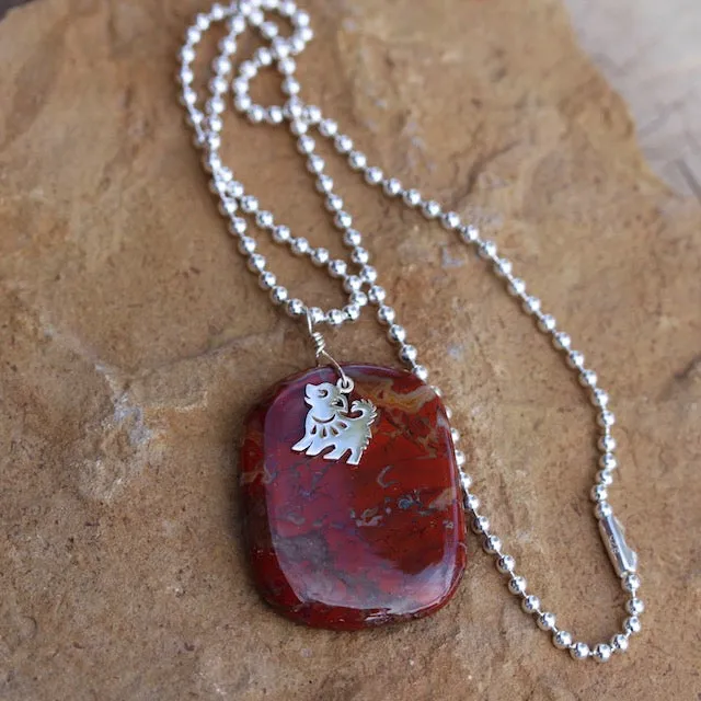 Red agate stone pendant necklace with sterling puppy charm