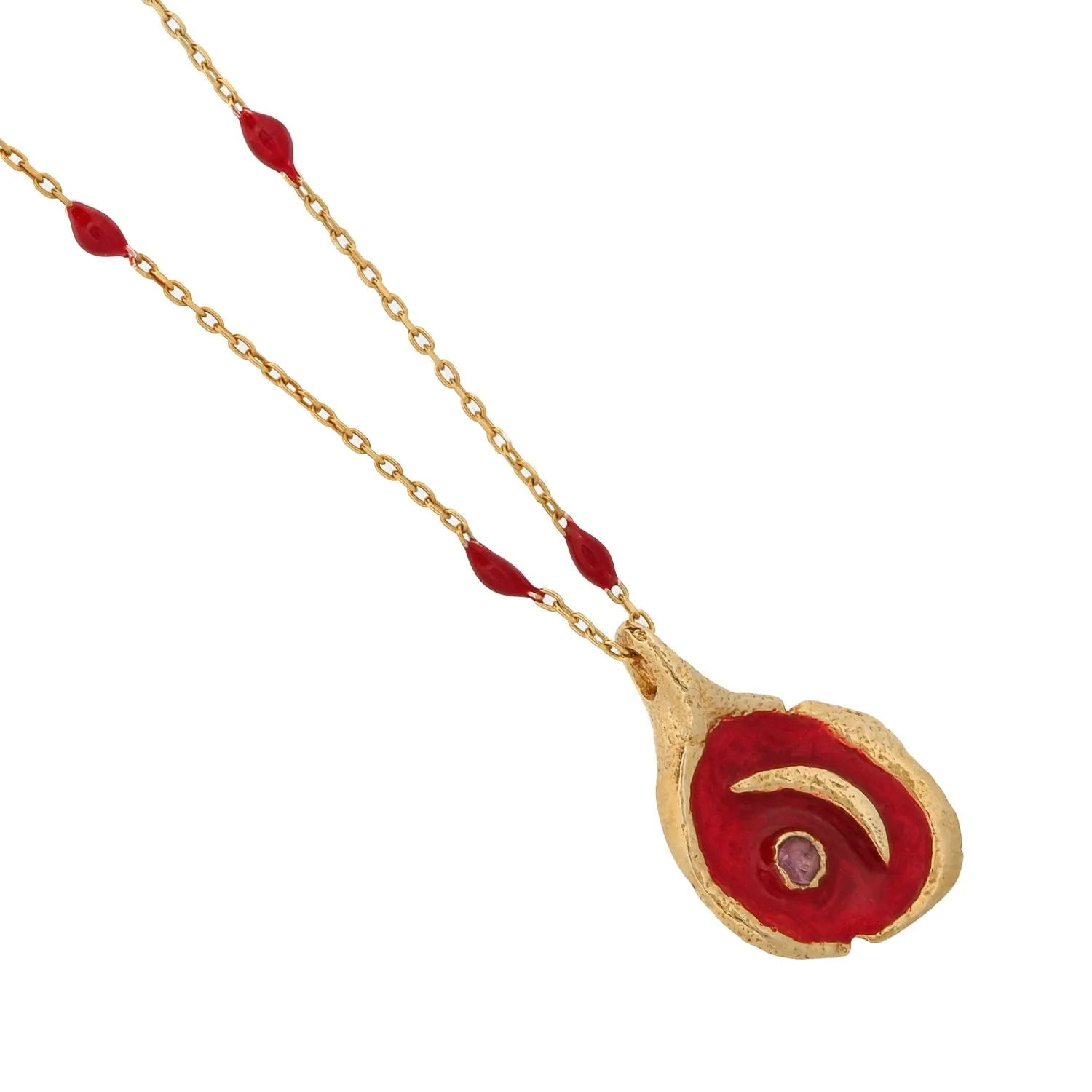 Red Moon Pendant Gold & Enamel Chain Necklace