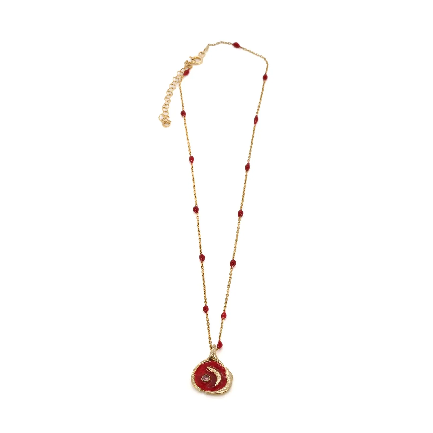 Red Moon Pendant Gold & Enamel Chain Necklace