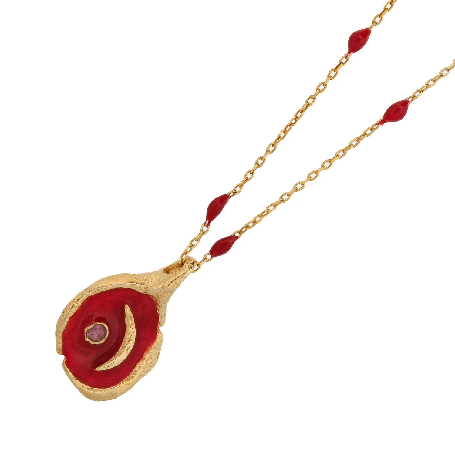 Red Moon Pendant Gold & Enamel Chain Necklace