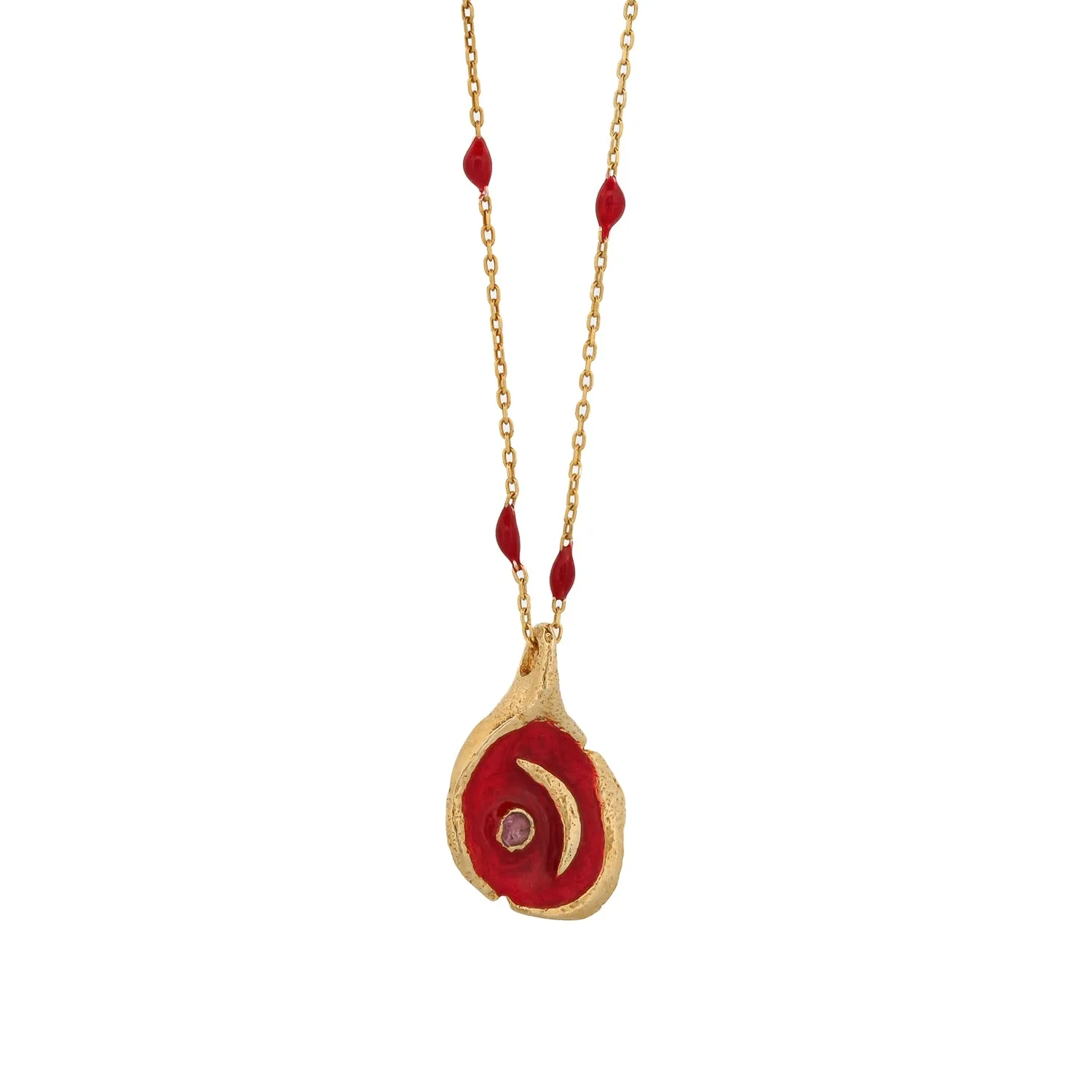 Red Moon Pendant Gold & Enamel Chain Necklace