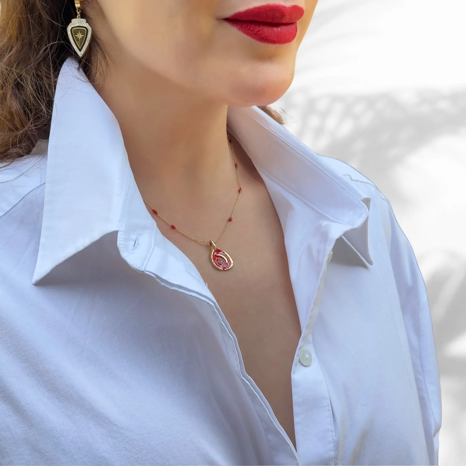 Red Moon Pendant Gold & Enamel Chain Necklace