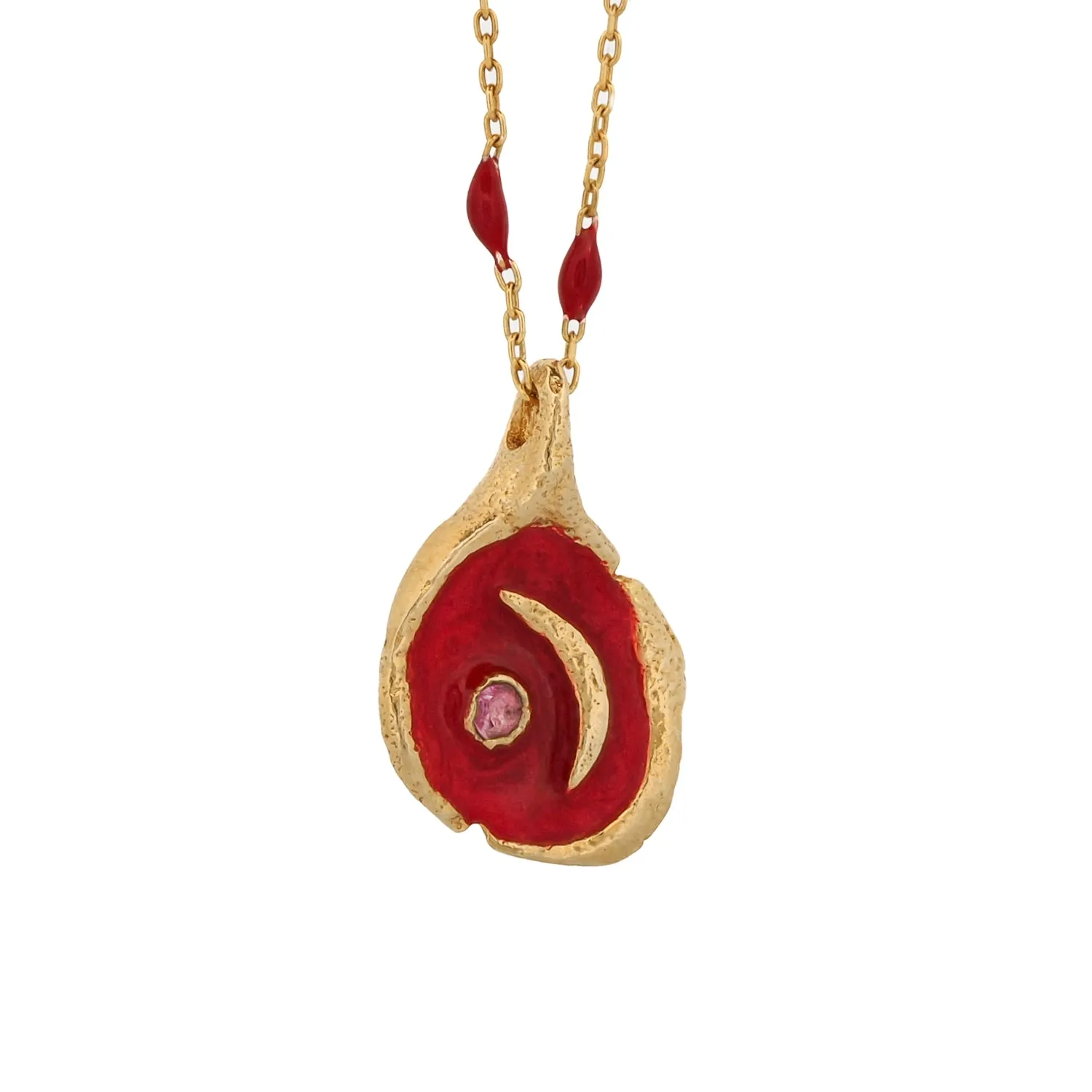 Red Moon Pendant Gold & Enamel Chain Necklace