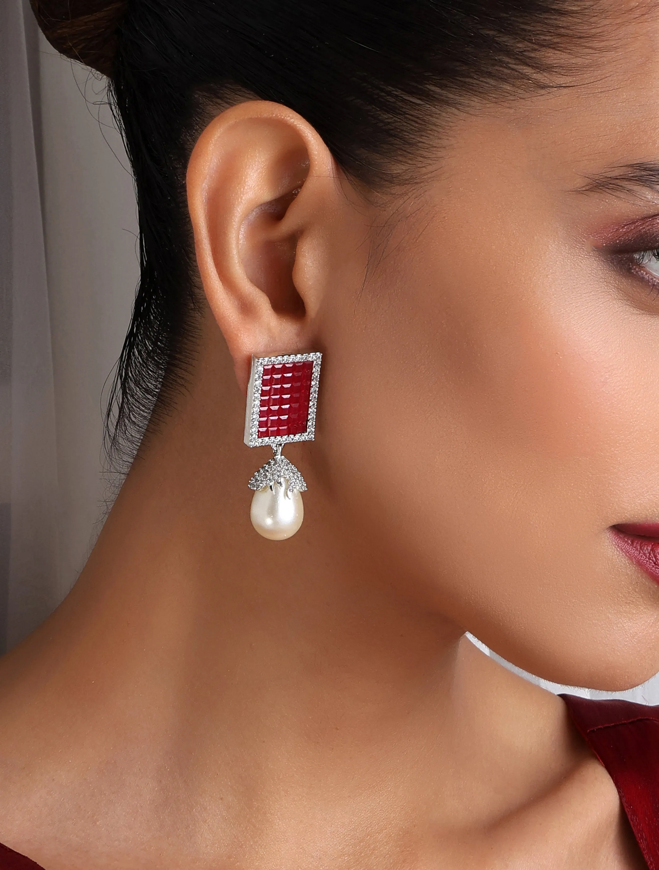 Red Square Pearl drop Earring