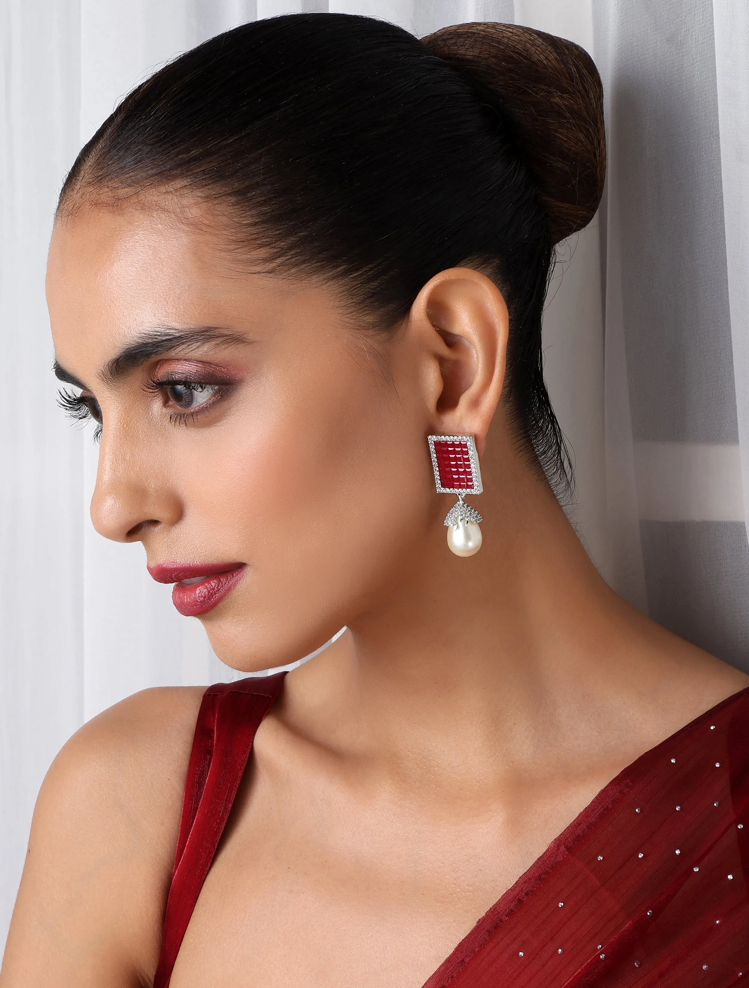 Red Square Pearl drop Earring