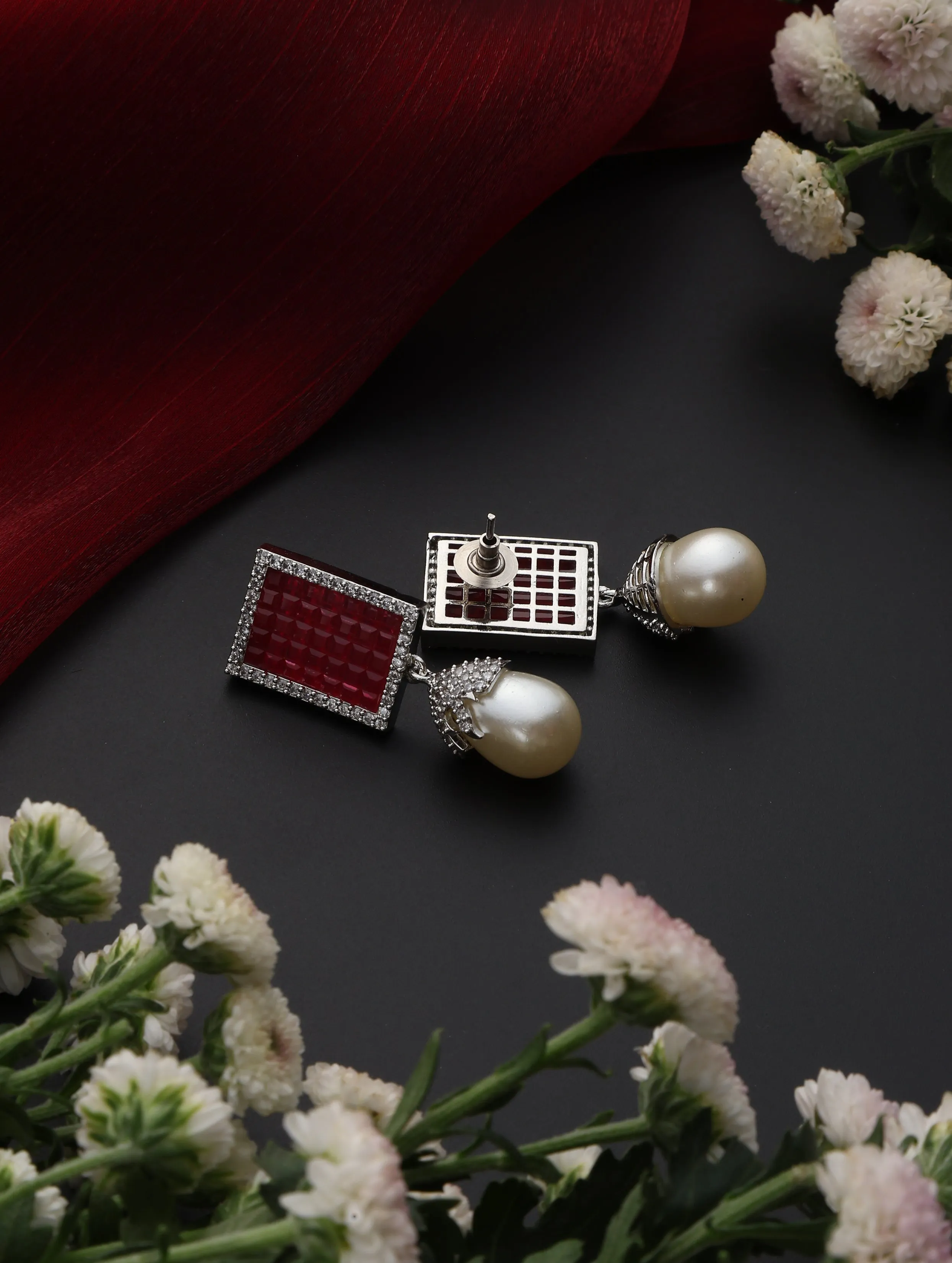 Red Square Pearl drop Earring
