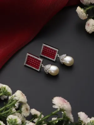 Red Square Pearl drop Earring