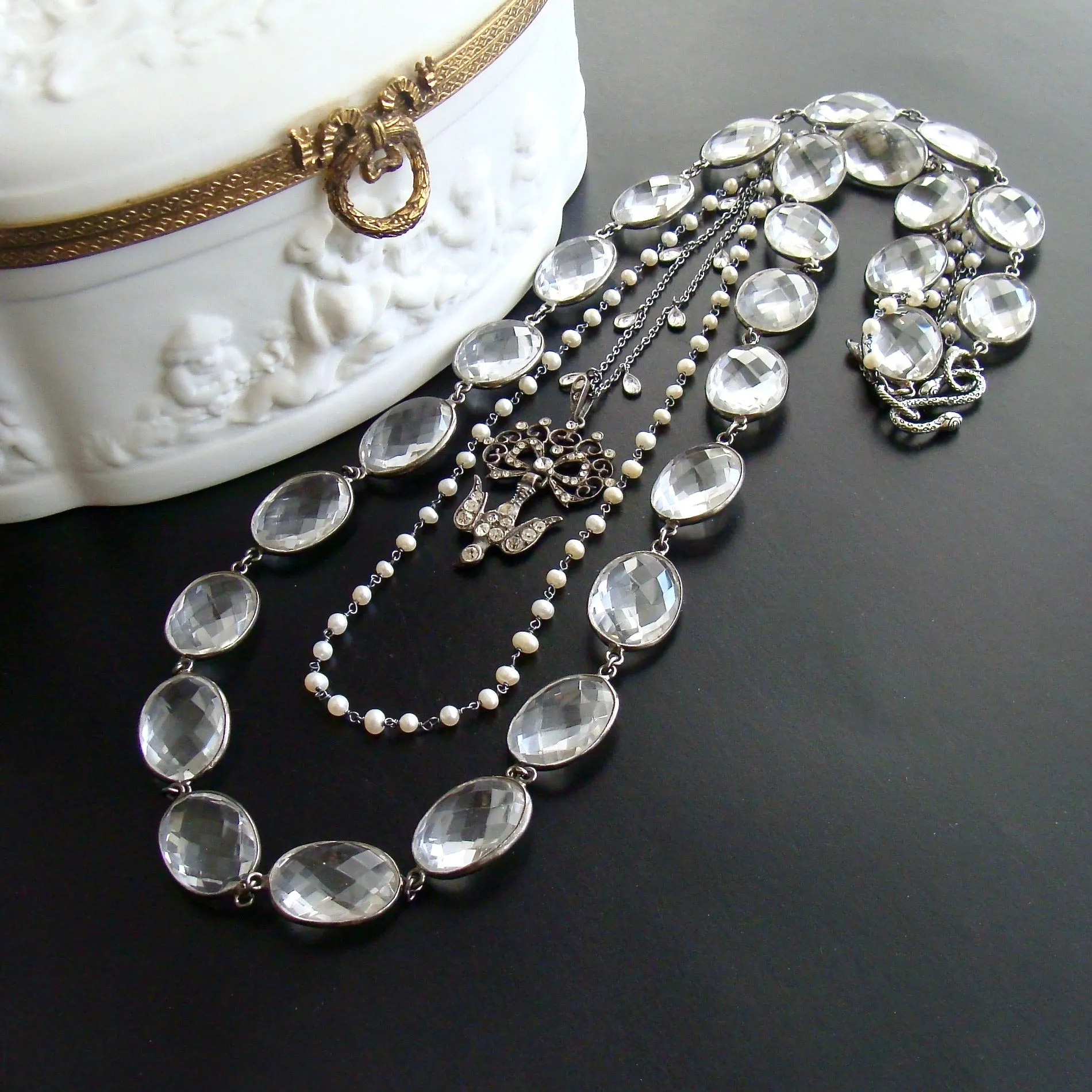 Rock Crystal Pearls White Topaz Antique Paste Saint Esprit Bird Pendant - Saint Esprit Necklace