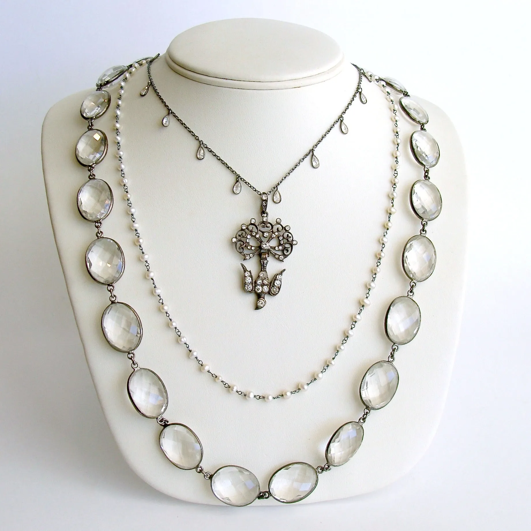 Rock Crystal Pearls White Topaz Antique Paste Saint Esprit Bird Pendant - Saint Esprit Necklace
