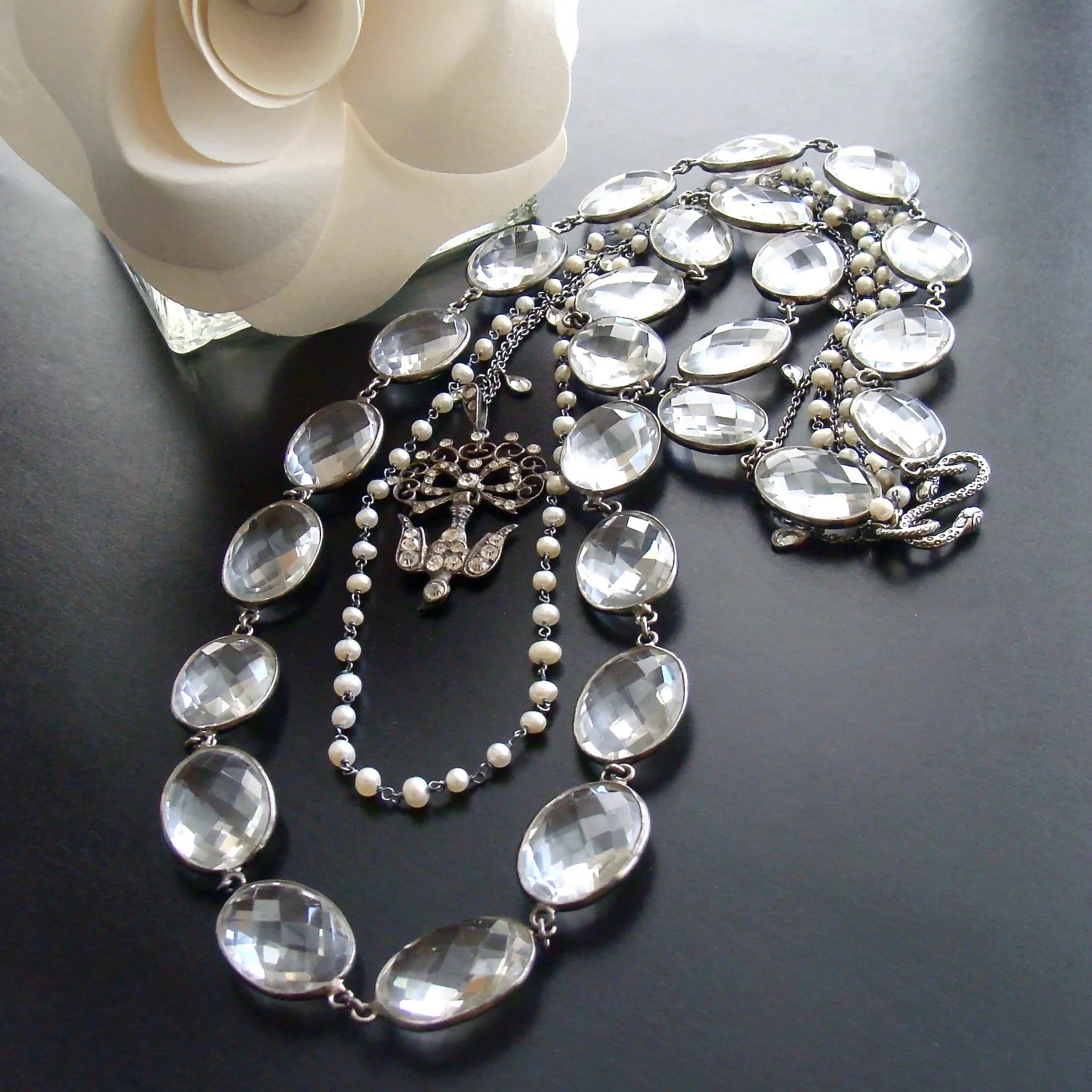 Rock Crystal Pearls White Topaz Antique Paste Saint Esprit Bird Pendant - Saint Esprit Necklace