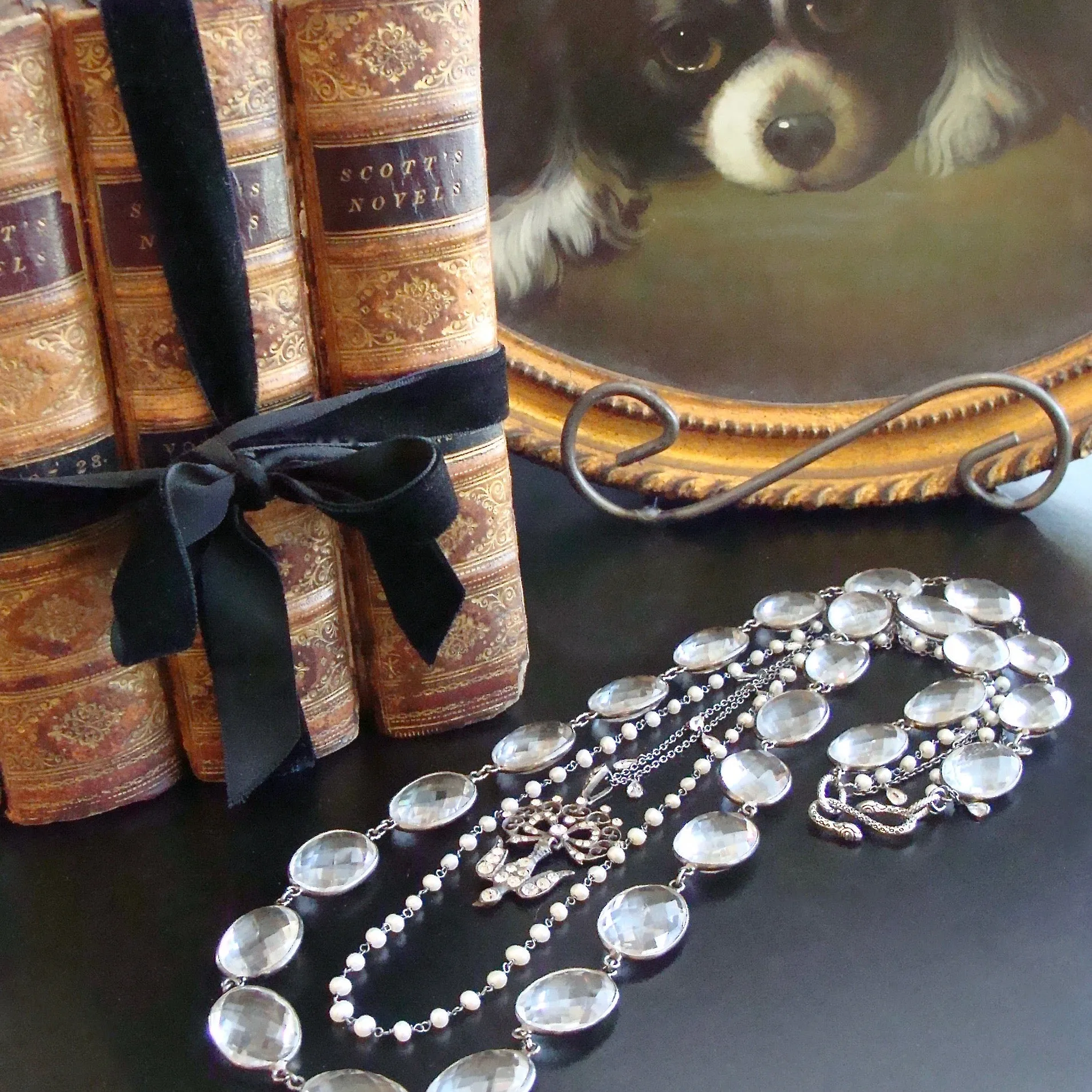 Rock Crystal Pearls White Topaz Antique Paste Saint Esprit Bird Pendant - Saint Esprit Necklace