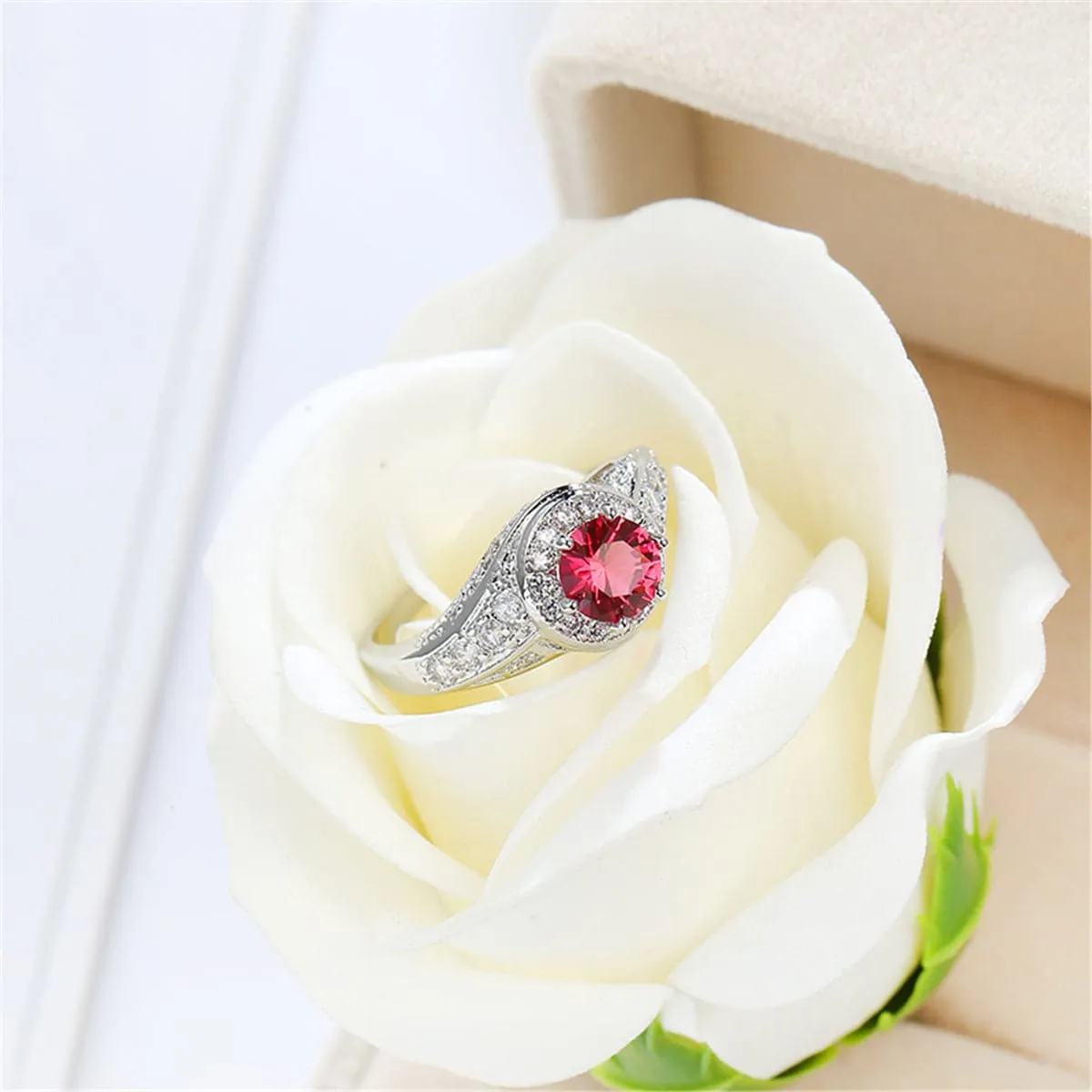 Rose Cubic Zirconia & Silver-Plated Round Ring