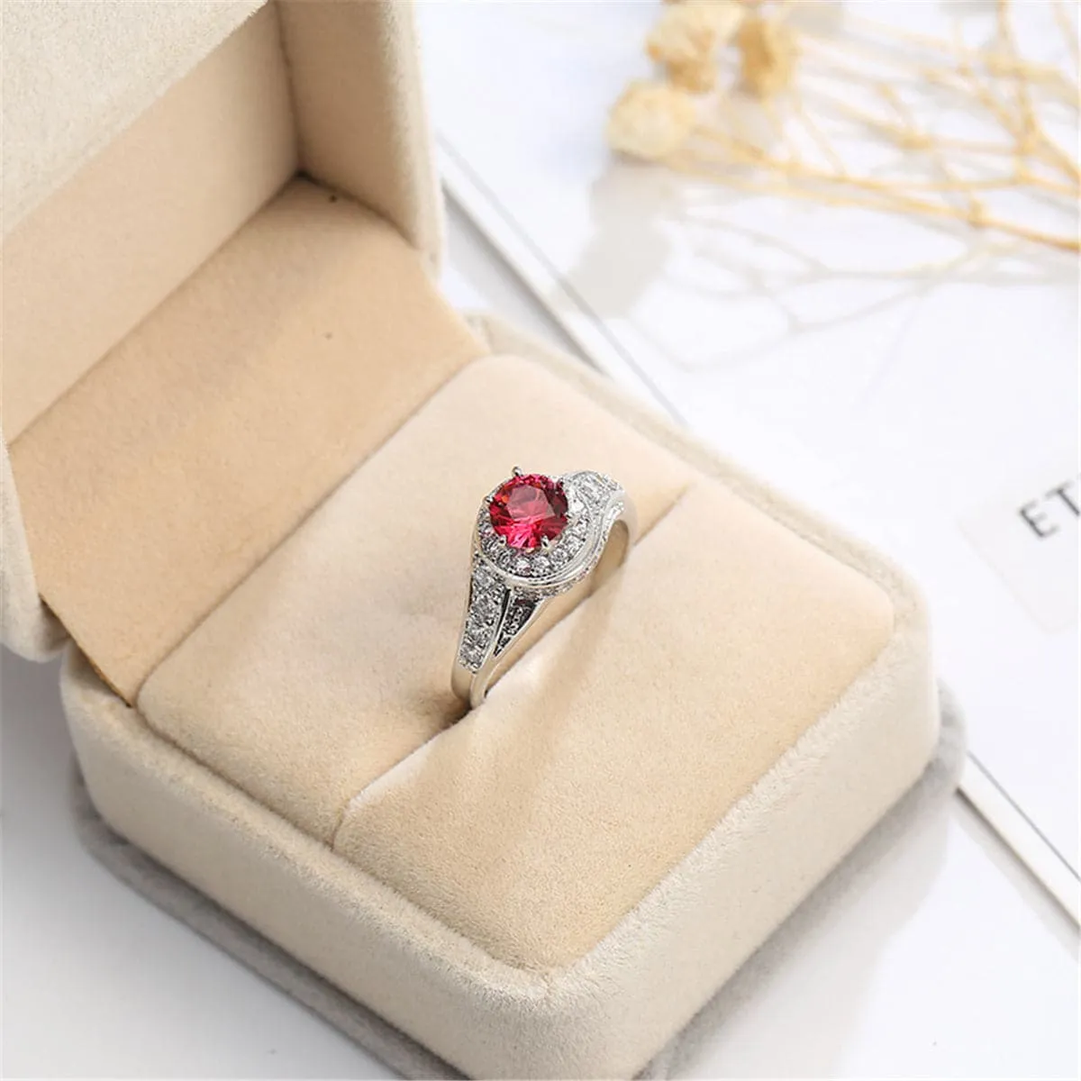 Rose Cubic Zirconia & Silver-Plated Round Ring