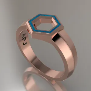 Rose Gold Geometric Hexagon Signet Ring, Blue Swirl Resin Solid 14kt Rose Gold Petite Signet Design