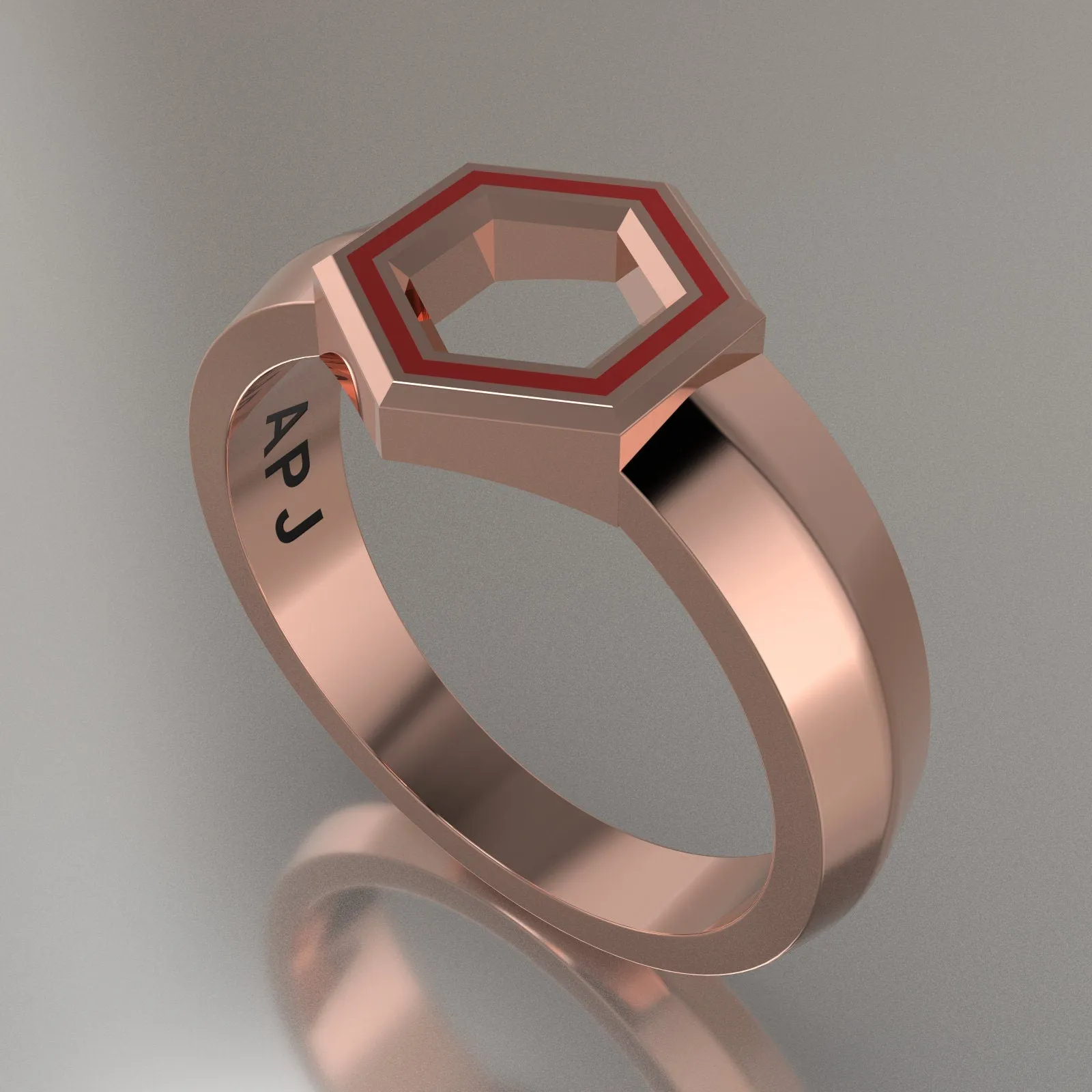 Rose Gold Geometric Hexagon Signet Ring, Red Resin Solid 14kt Rose Gold Petite Signet Design