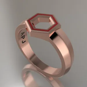 Rose Gold Geometric Hexagon Signet Ring, Red Resin Solid 14kt Rose Gold Petite Signet Design