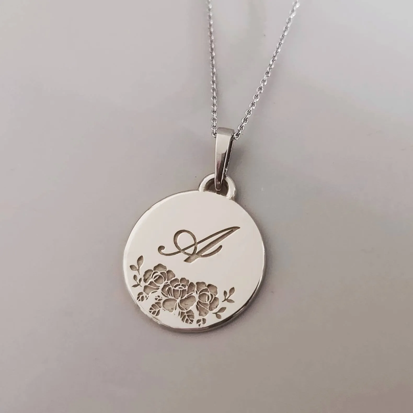 Roses initial necklace, 14k gold flower monogram necklace, unique personalized coin pendant