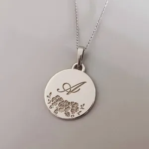 Roses initial necklace, 14k gold flower monogram necklace, unique personalized coin pendant