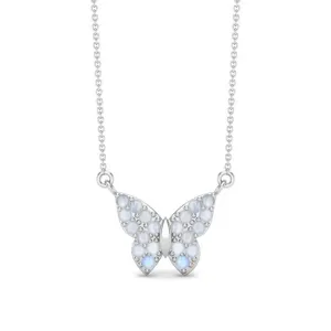 Round Natural Moonstone Gemstone 925 Sterling Silver Dragonfly Butterfly Women's Chain Necklace Insect Jewelry