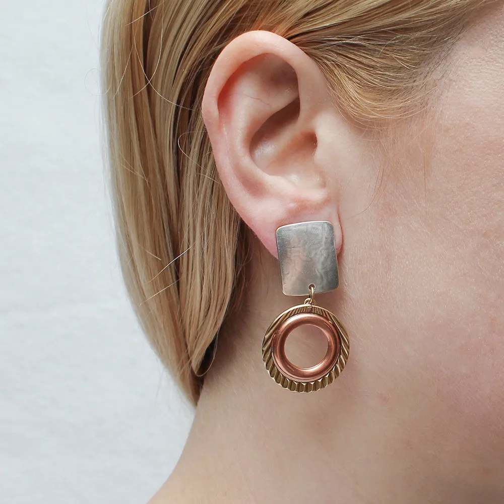 Rounded Rectangle with Textured and Smooth Rings Post or Clip Earring