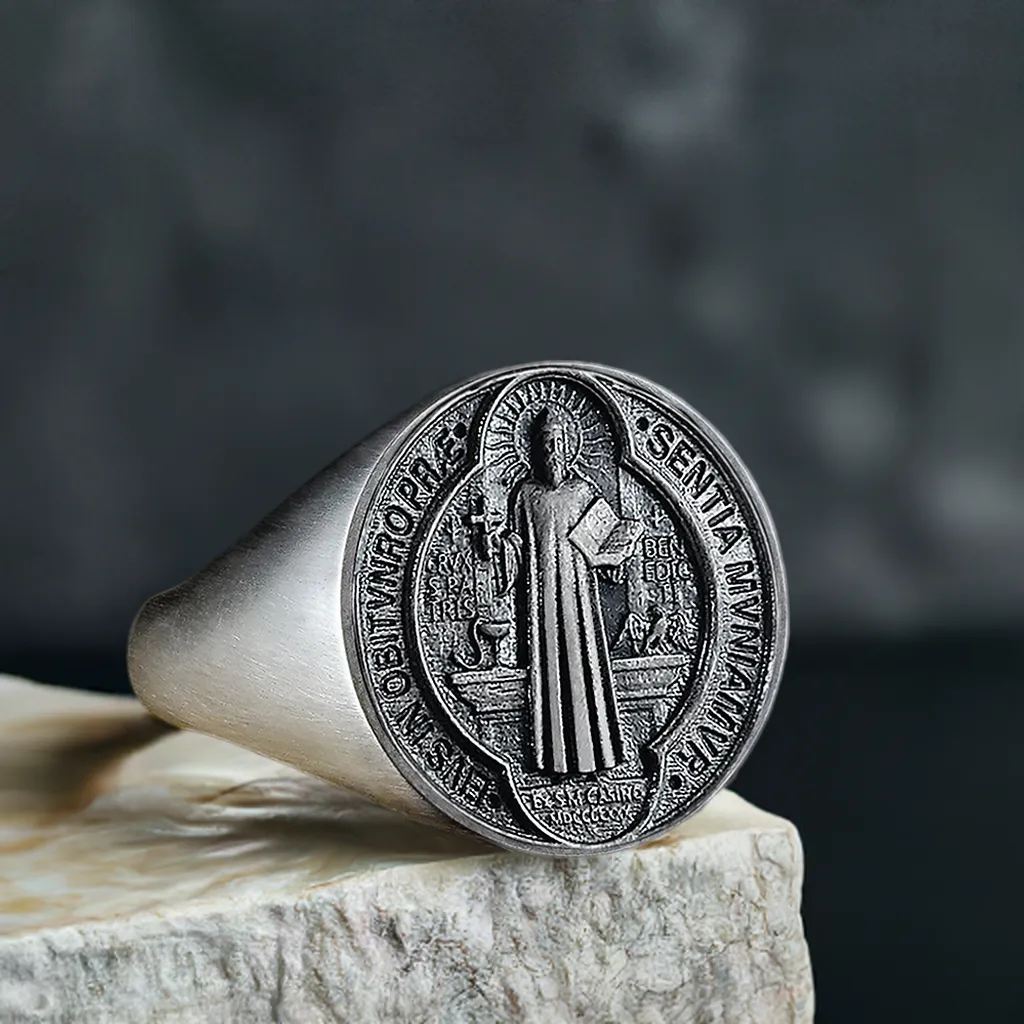 Saint Benedict Signet Men’s Ring in 925 Sterling Silver