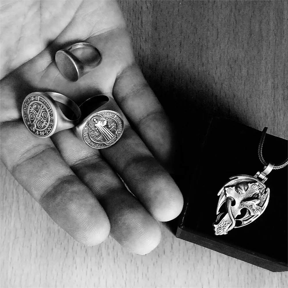 Saint Benedict Signet Men’s Ring in 925 Sterling Silver