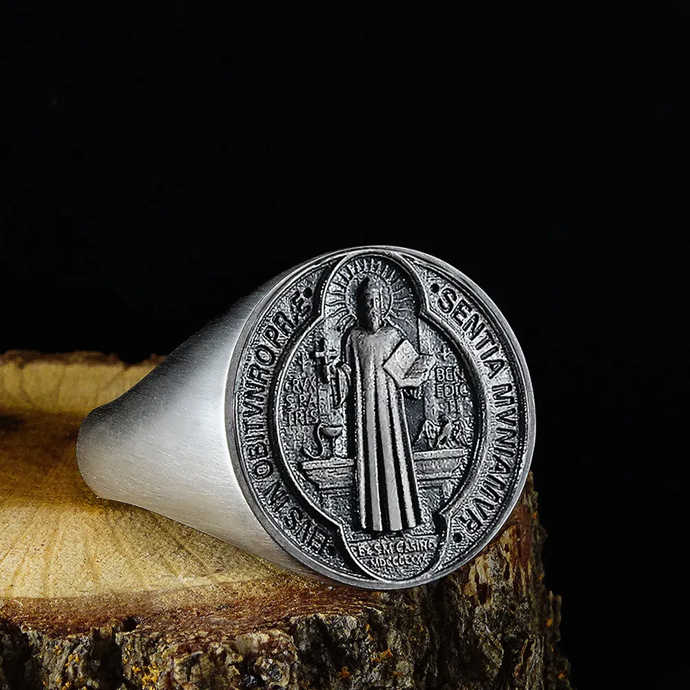 Saint Benedict Signet Men’s Ring in 925 Sterling Silver