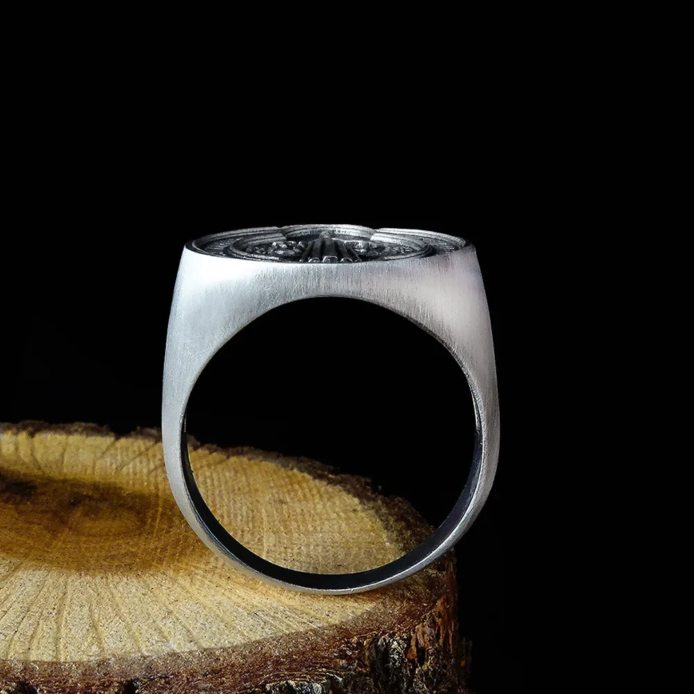 Saint Benedict Signet Men’s Ring in 925 Sterling Silver