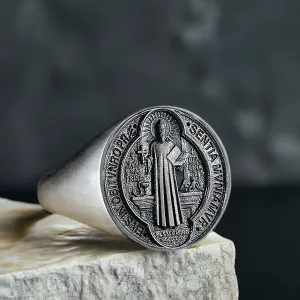 Saint Benedict Signet Men’s Ring in 925 Sterling Silver