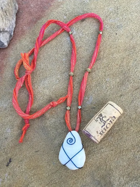 Selkirk collection white stone pendant necklace with blue wire on silk