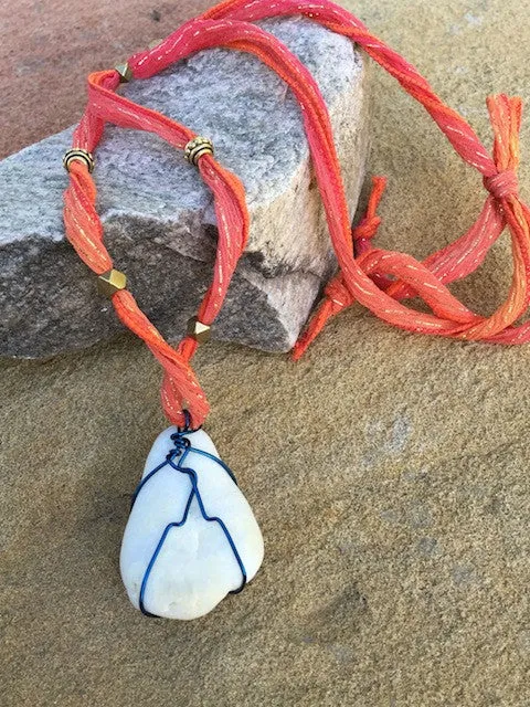 Selkirk collection white stone pendant necklace with blue wire on silk
