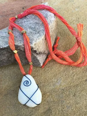 Selkirk collection white stone pendant necklace with blue wire on silk