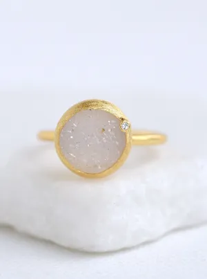 Shining Druzy Round With Genuine Diamond Ring