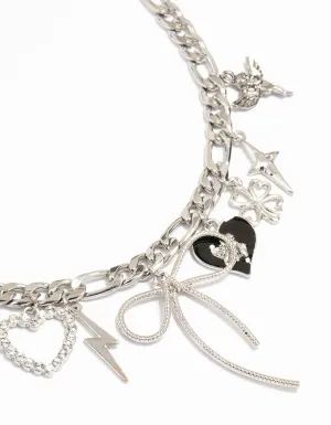Silver Bow & Heart Charm Necklace